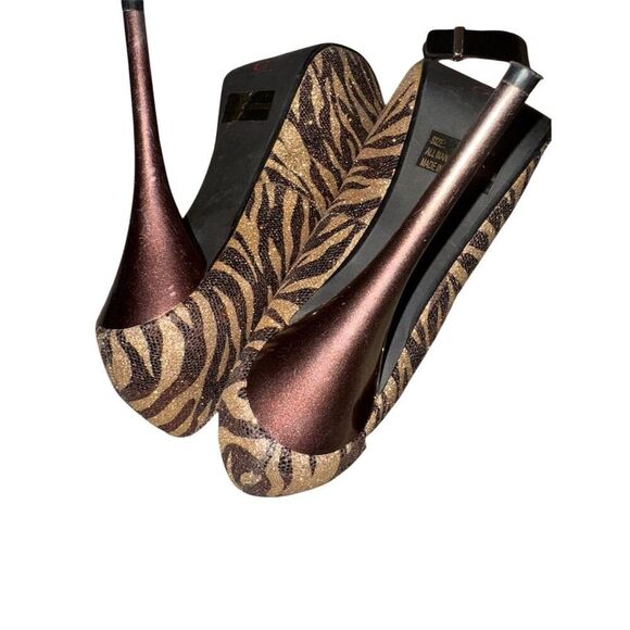QUPID Brown/ Gold Zebra Print Rhinestone Platform Stiletto Heels Size 8 - Picture 14 of 14